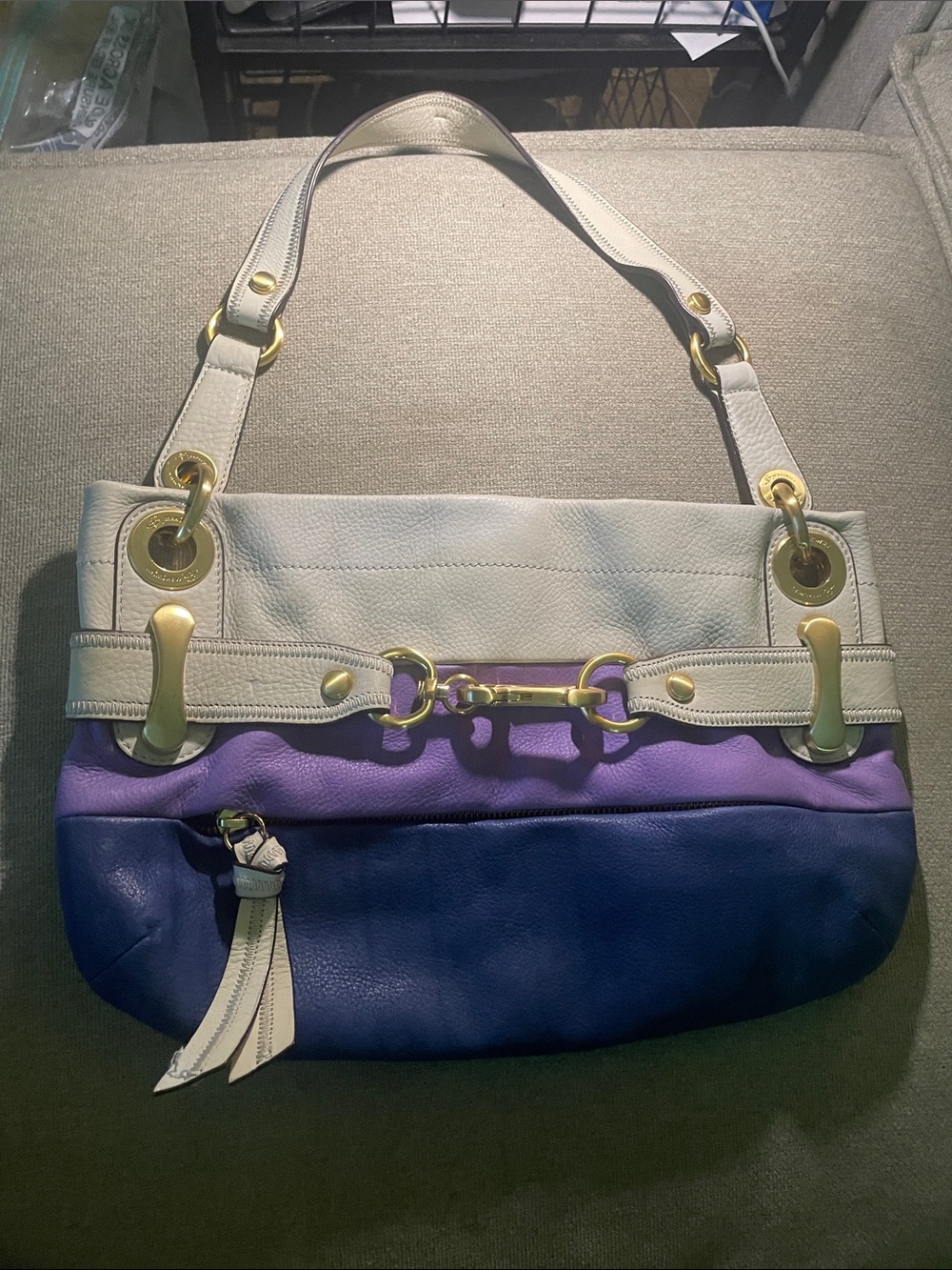 B. Makowsky Two-Tone 100% Leather Shoulder Bag in White, Purple & Blue